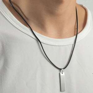 Polished stainless steel bar pendant necklace for men with black leather cord strap