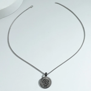 Cyberpunk gear pendant necklace in vintage silver finish with industrial steampunk design