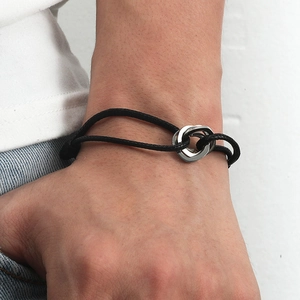 Minimalist black braided bracelet with interlocking silver hexagonal rings for men and women