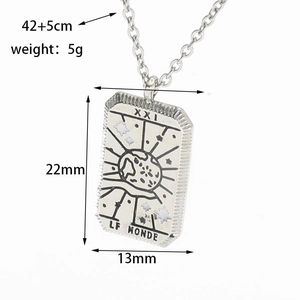Silver Tarot The World pendant necklace in stainless steel with dimension markings