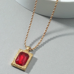 Barock Vintage Vergoldet Legierung Anhänger Halskette Rechteck Rot Blau Strass Hip-Hop Schmuck Für Unisex Alltäglich