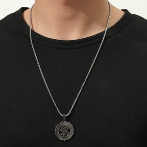 Cyberpunk gear pendant necklace for men with vintage hollow industrial gear design