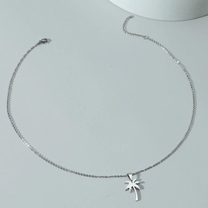 Collier minimaliste en acier inoxydable argenté avec pendentif palmier tropical