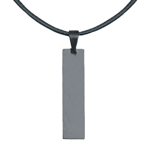 Minimalist black rectangular stainless steel bar pendant on a woven cord necklace