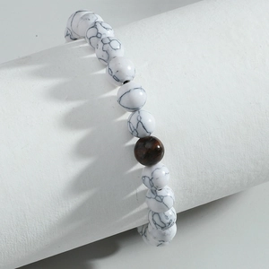 Minimalist Howlite beaded bracelet with Tiger Eye stone accent and marble texture