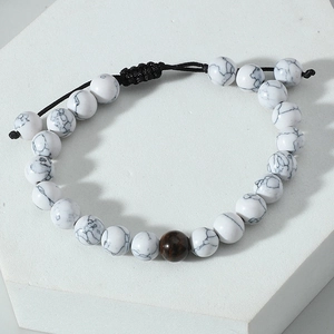 White turquoise and tiger eye beaded bracelet with adjustable black braided cord