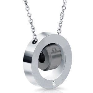 Double ring letter necklace with silver outer band, black core, and LOVE engraving