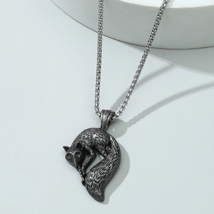 Retro silver fox charm necklace for men with vintage finish and square link chain