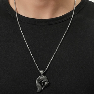 Retro fox amulet pendant necklace in vintage silver finish on black shirt for men