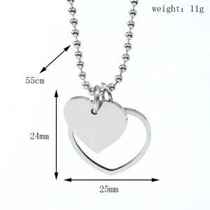 Detail of silver double heart necklace showing 55cm chain and 24mm x 25mm pendant specs
