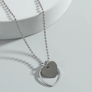 Minimalist Double Heart Pendant Necklace Stainless Steel Alloy Layered Ball Chain Silver Tone Geometric Choker Jewelry