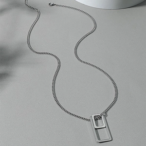 Minimalist double rectangular geometric pendant necklace in polished silver stainless steel