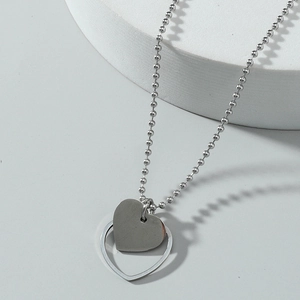 Minimalist double layer heart pendant necklace with silver hollow heart on ball chain