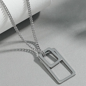 Minimalist double rectangular nested pendant necklace with silver wheat chain