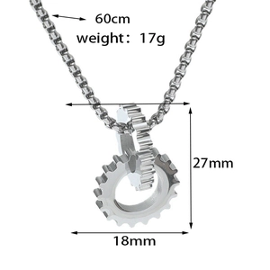 Mechanical gear pendant dimensions showing 27mm height and 17g weight on box chain