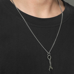 Vintage industrial wrench pendant necklace for men in silver finish with link chain