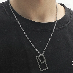 Men's geometric double rectangle pendant necklace in silver stainless steel finish