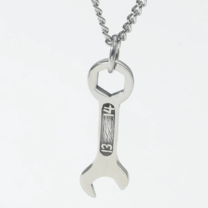 Polished silver wrench pendant necklace for men with engraved 13/14 size details