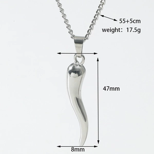 Tableau des tailles du collier pendentif corne argentée avec mesures de poids et longueur