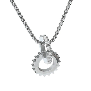 Mechanical interlocking dual gear pendant in polished stainless steel with box chain