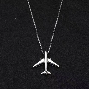 Polished silver airplane pendant necklace with durable link chain for men