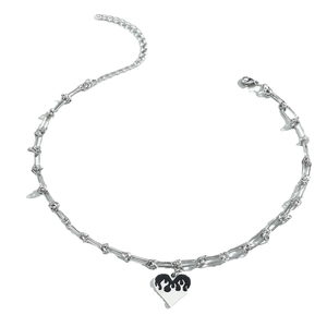 Collier à pendentif cœur et flamme en acier inoxydable avec maillons rectangulaires