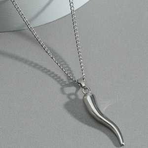 Collier avec pendentif corne italienne en argent poli et chaîne à maillons fins