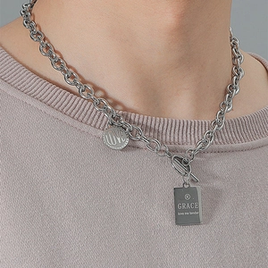 Stainless Steel Toggle Clasp Pendant Necklace For Men Women Hip Hop Retro Industrial Double Layer Square Round Tag Jewelry