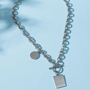 Silver stainless steel chain necklace with round and square pendants and OT buckle