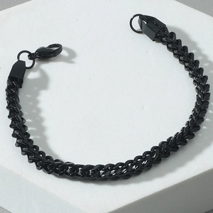 Polished black titanium steel wheat chain bracelet for men with secure lobster clasp