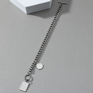 Silver stainless steel Cuban chain necklace with OT buckle and engraved square pendants