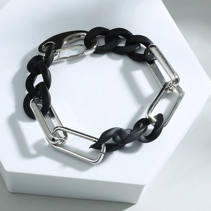 Men Industrial Style Black Acrylic Alloy Splicing Link Bracelet With Carabiner Clasp Minimalist Ins Fashion Hand Jewelry Gift