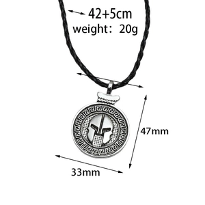 Spartan warrior helmet pendant with greek key pattern and size dimensions on white background