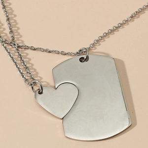 Matching silver heart puzzle necklace set in stainless steel for couples jewelry