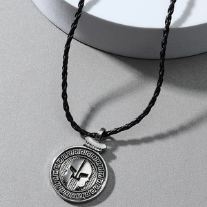 Vintage Spartan helmet round pendant necklace with Greek meander on black woven rope
