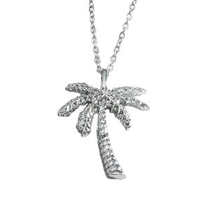 Minimalist silver coconut palm tree pendant necklace featuring tropical island style