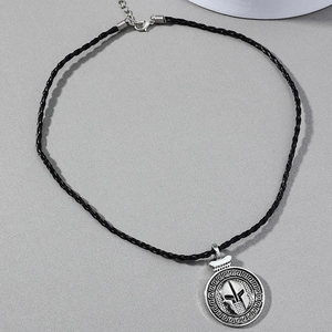 Retro spartan helmet medallion pendant with greek key pattern on black woven cord necklace