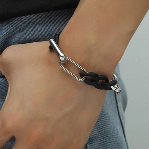 Industrial style black acrylic and silver metal link bracelet for men and women