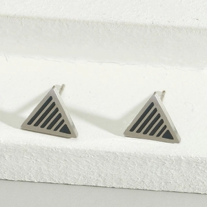 Minimalist silver triangle stud earrings with black stripes for men and women