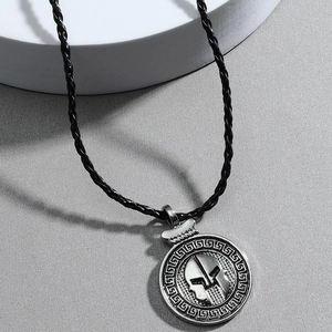 Retro spartan warrior helmet pendant necklace with greek key pattern for men