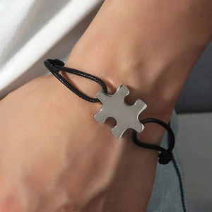 Minimalist Stainless Steel Puzzle Pendant Braided Rope Bracelet For Unisex Adjustable Couple Friendship Hand Jewelry