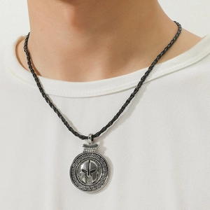 Vintage Spartan Warrior Helmet Round Pendant Necklace For Men Titanium Steel Alloy Greek Key Pattern Braided Rope Jewelry