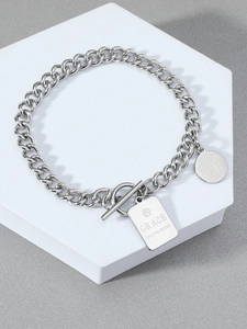 Men's hip-hop stainless steel curb chain bracelet with OT clasp and engraved charms