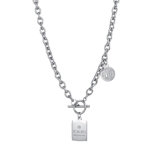 Silver stainless steel chain necklace featuring round and rectangular pendants with OT buckle