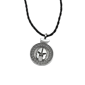 Vintage silver Spartan helmet round pendant necklace with Greek key pattern on black cord