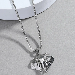 3D geometric elephant head pendant necklace in silver finish with stainless steel box chain