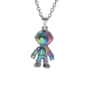 Hip hop style astronaut pendant necklace with iridescent finish on a stainless steel chain