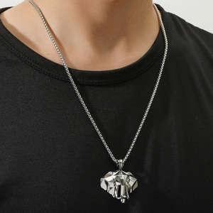 Men Retro Geometric Elephant Head Pendant Necklace Stainless Steel Titanium Box Chain Animal Origami Jewelry For Gift