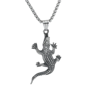 Collier avec pendentif crocodile style punk rétro en argent antique pour hommes