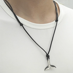 Minimalist Whale Tail Pendant Necklace With Adjustable Black Polyester Cord For Men Women Silver Alloy Fish Tail Jewelry Gift